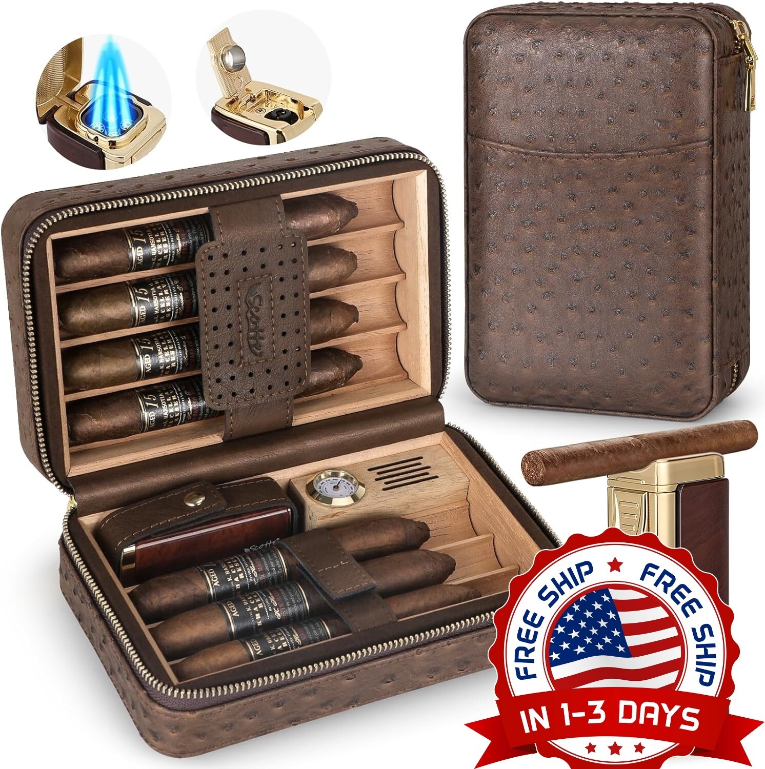 Estuche De Cuero Para Puros Humidores De Viaje Con Forro De Madera Funda De Piel