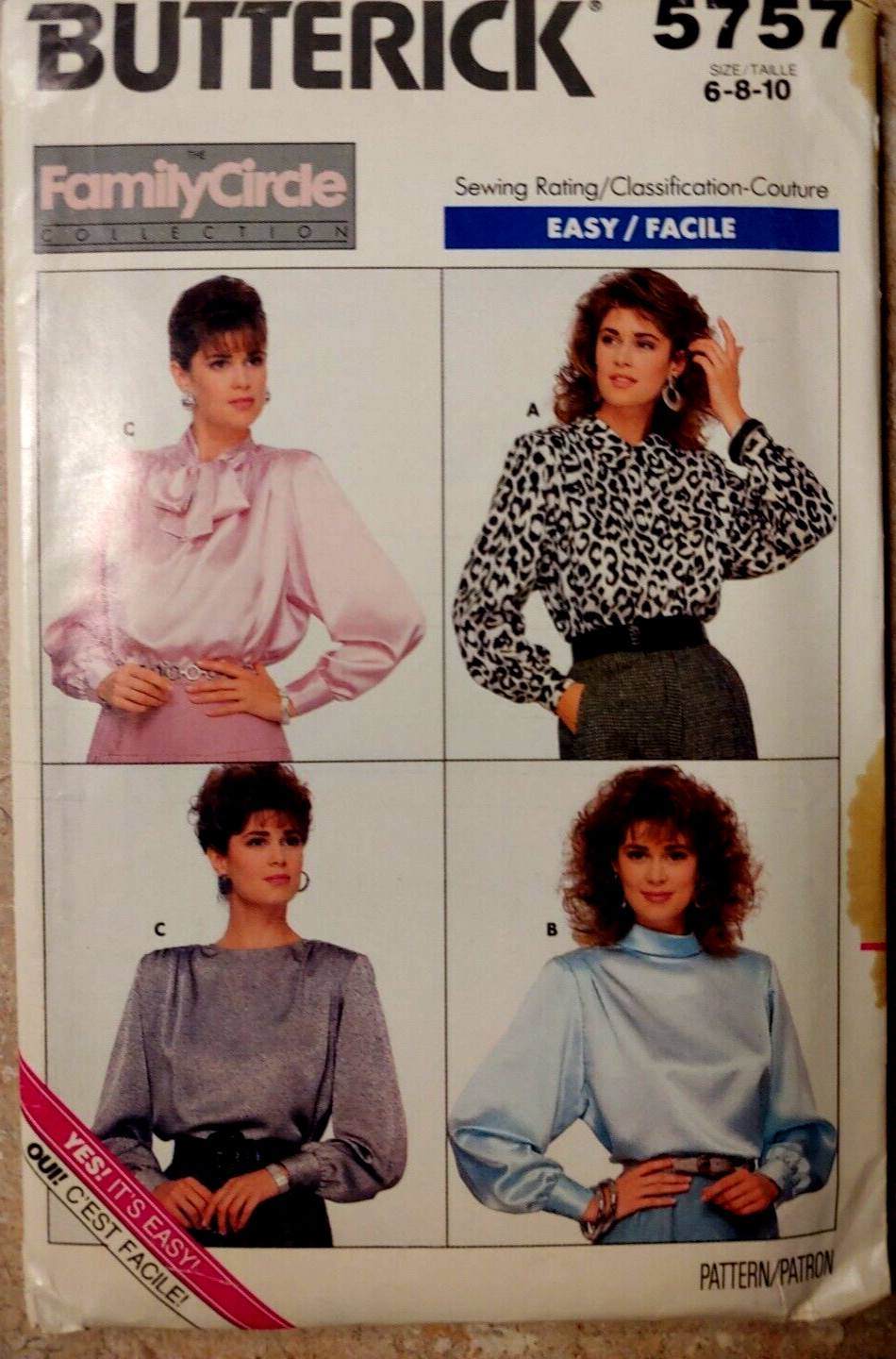 Butterick Misses 6 8 10 Women's 1987 Blouse Shirt 5757 Family Circle Back Button