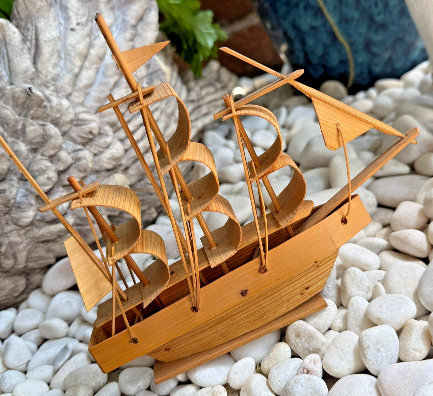 Handmade Bamboo Sailing Ship Yacht Miniature Bamboo Boat Nautical Decor 22cm