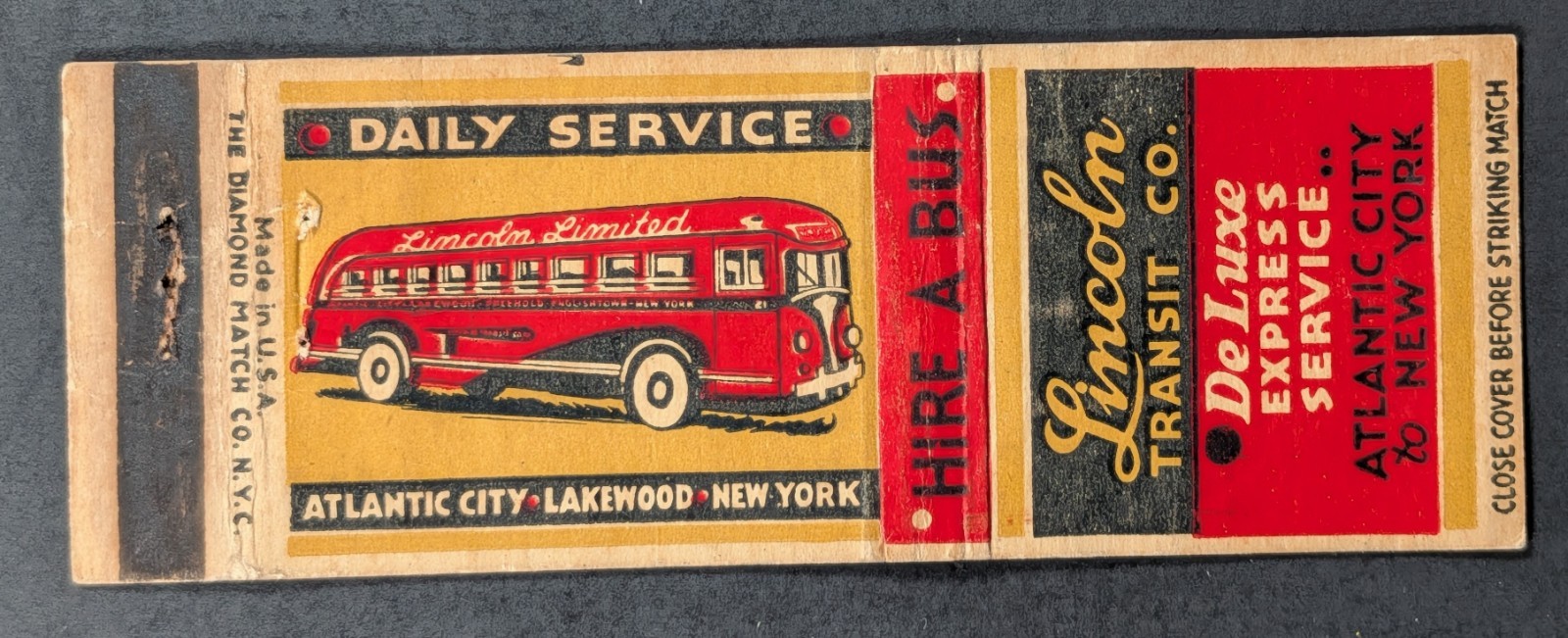 Vintage Lincoln Transit Bus Matchbook Cover