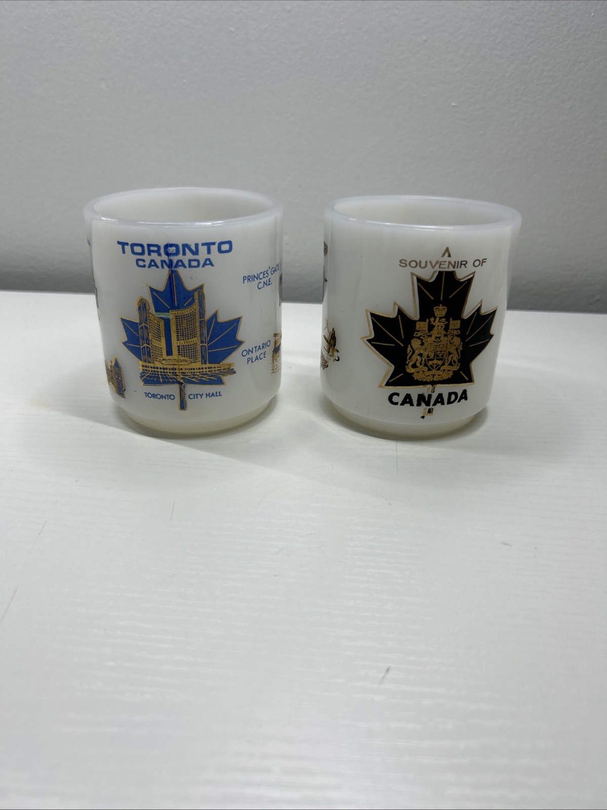 Vintage Souvenir of Canada & Toronto Milk Glass Coffee Mugs Glasbake Maple Leaf