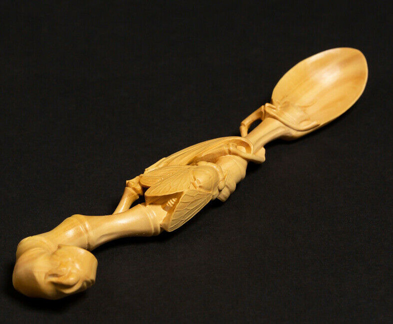 7.8 Inch Long Carved Boxwood Carving Tea Scoop Spoon: Cicada