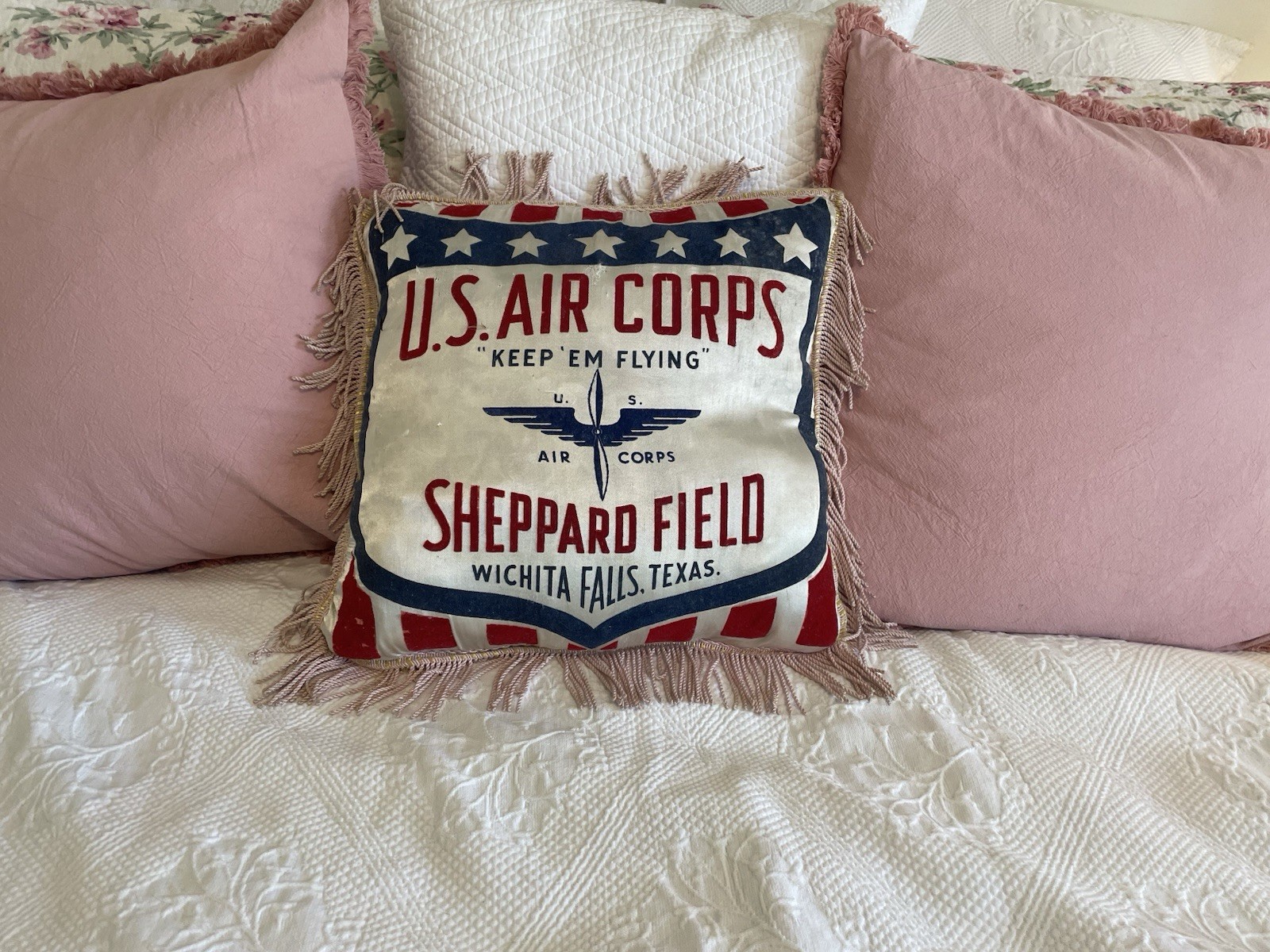 Vtg WWII US Air Corps Satin Pillow Wichita Falls, Texas Souvenir Feather Filled