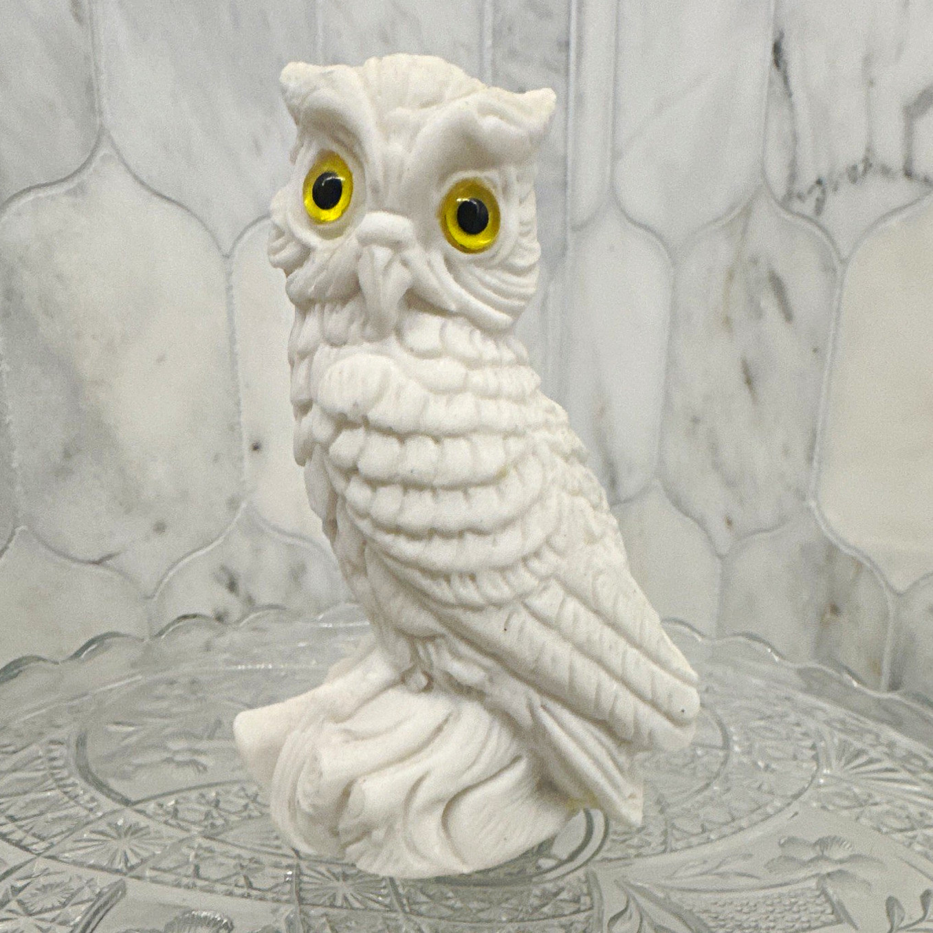 Vintage Italian White Alabaster Owl Figurine Hand Carved Stone Italy Yellow Eyes