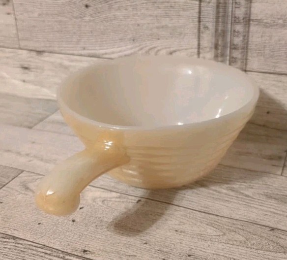 Vintage Fire King Peach Luster Beehive Ovenware Handled Soup Bowl