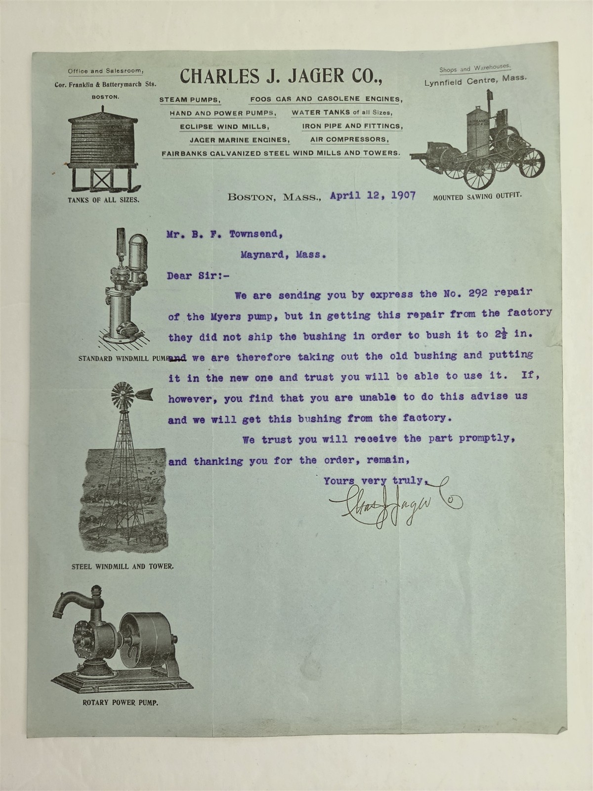 1907 antique CHARLES J JAGER CO boston ma WINDMILLS PUMPS GAS ENGINES LETTERHEAD