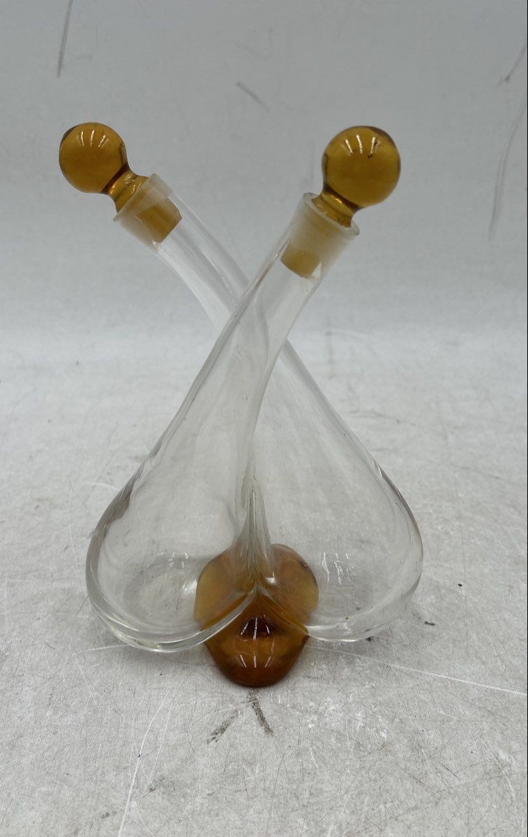 Vintage Clear Glass Oil And Vinegar Asymmetrical Double Cruet
