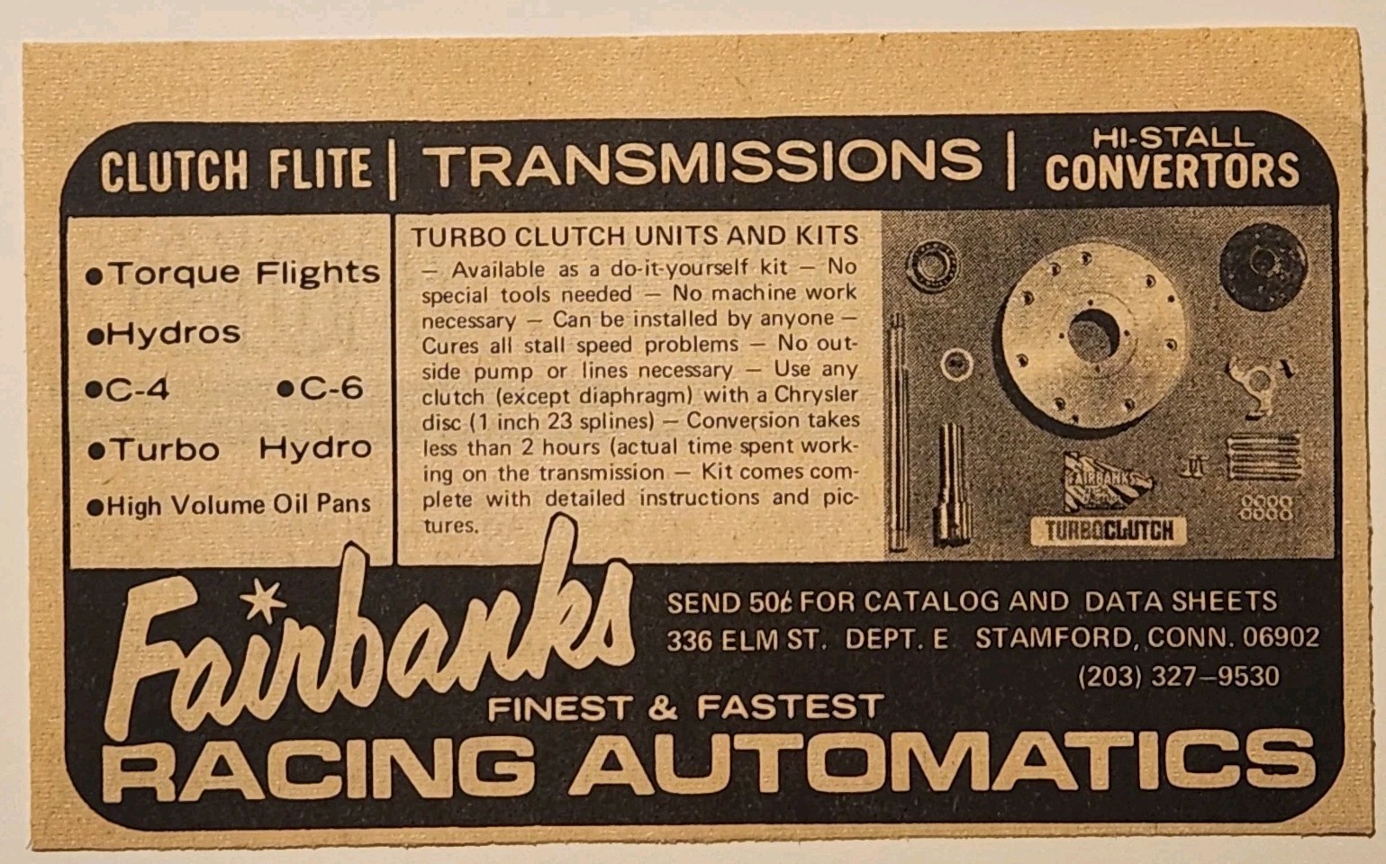 1969 Fairbanks Racing Automatics Transmissions Original Print Ad Stamford Conn