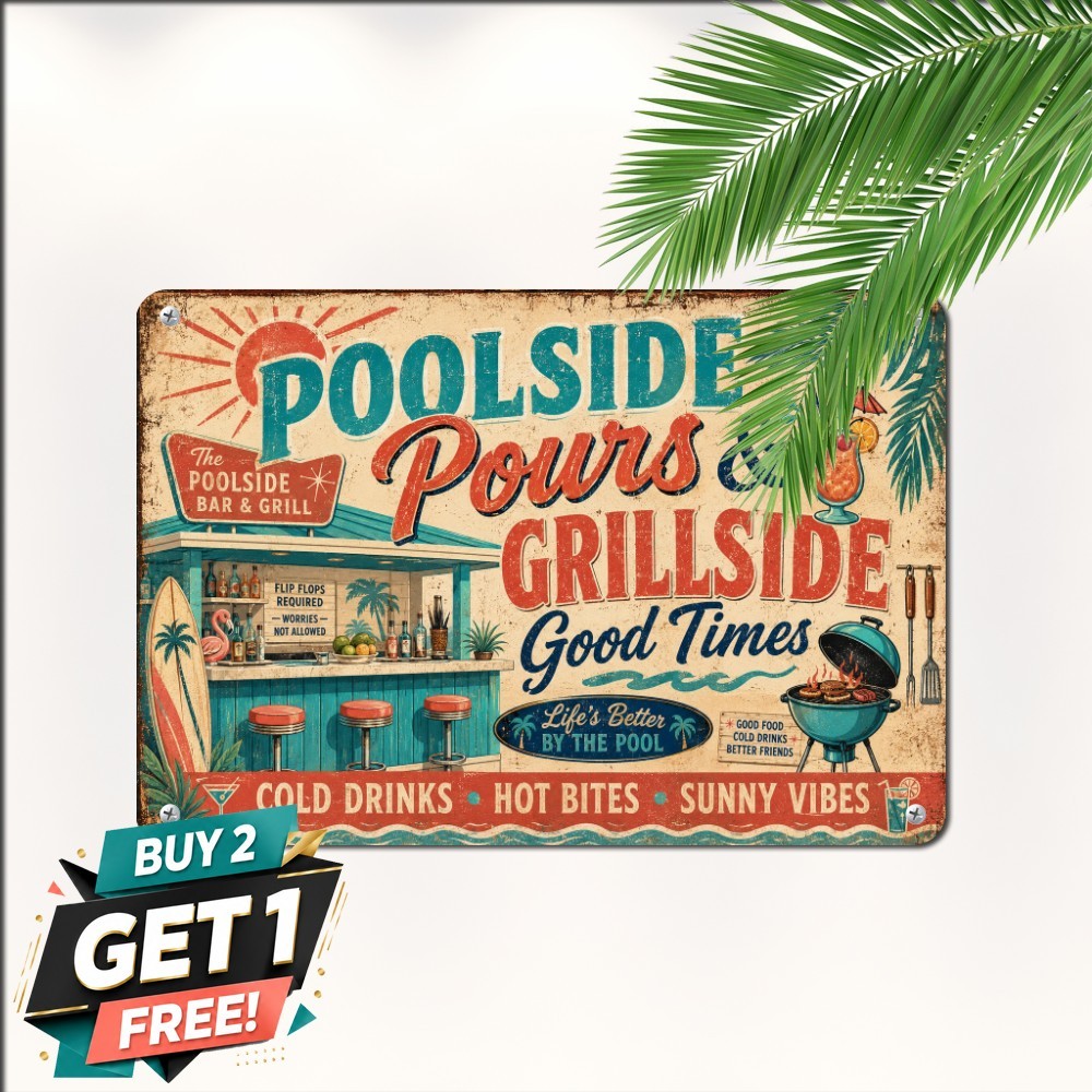 Poolside Barbecue Grill Master Coastal Patio Decor Metal Tin Sign 8x12 In