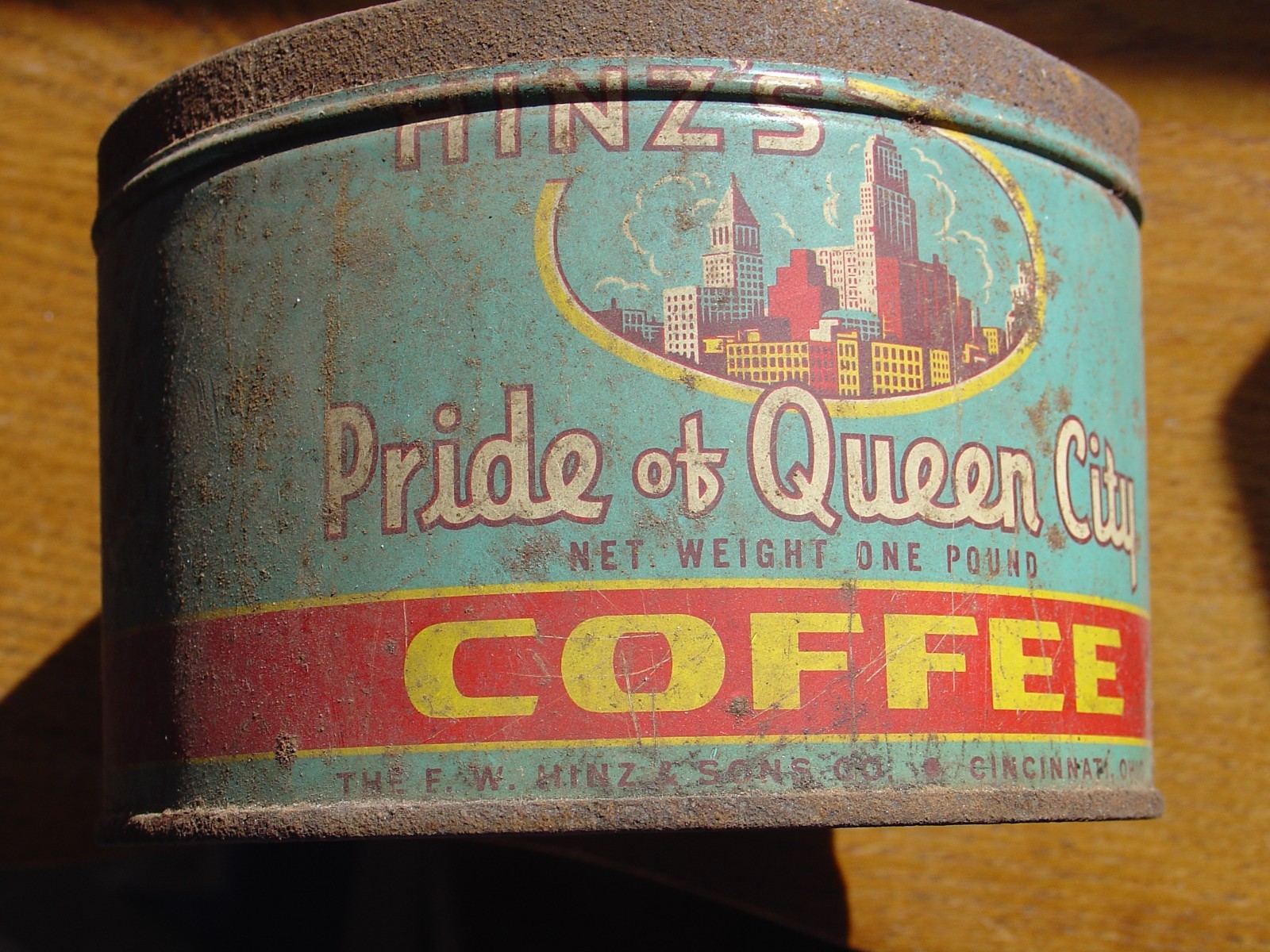 Vintage Pride of Queen City Coffee Tin 1lb FW Hinz Hinz's Co Cincinnati OH Read