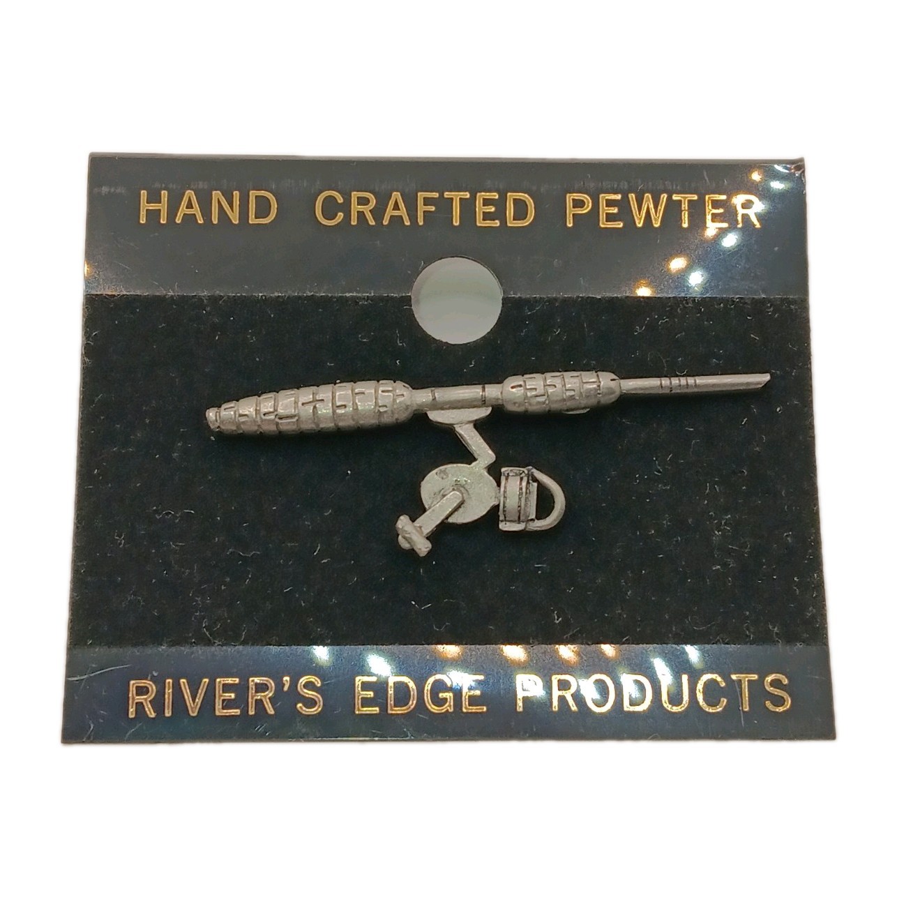 Estate Handcrafted Pewter Plated Fishing Rod Lapel Pin Tie Tack Hat Pin