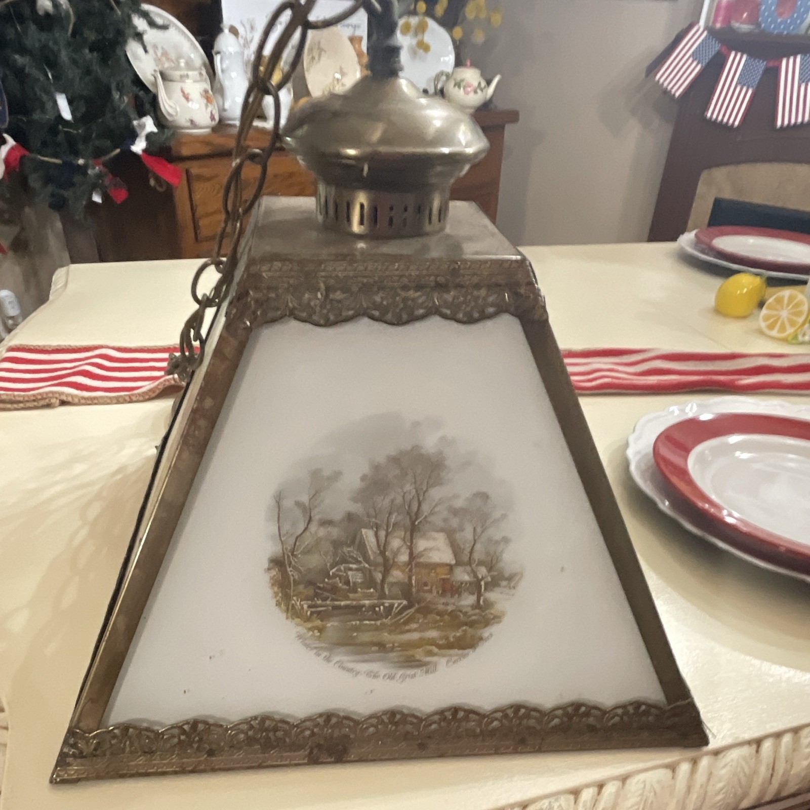 Vintage Del-Val Currier & Ives Four Seasons Hanging Pendant Lamp Milk Glass