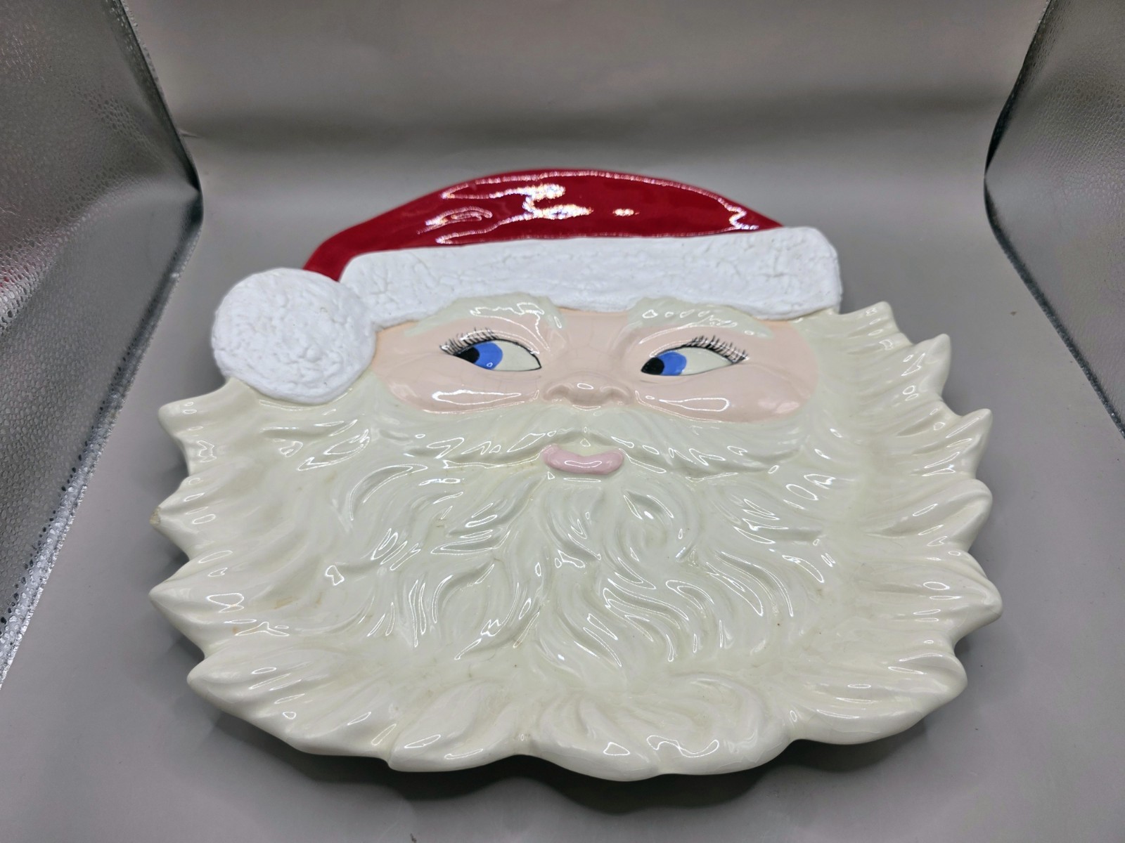 VTG 1982 Ceramic Santa Face Platter Christmas Cookie Plate Hand Painted Signed