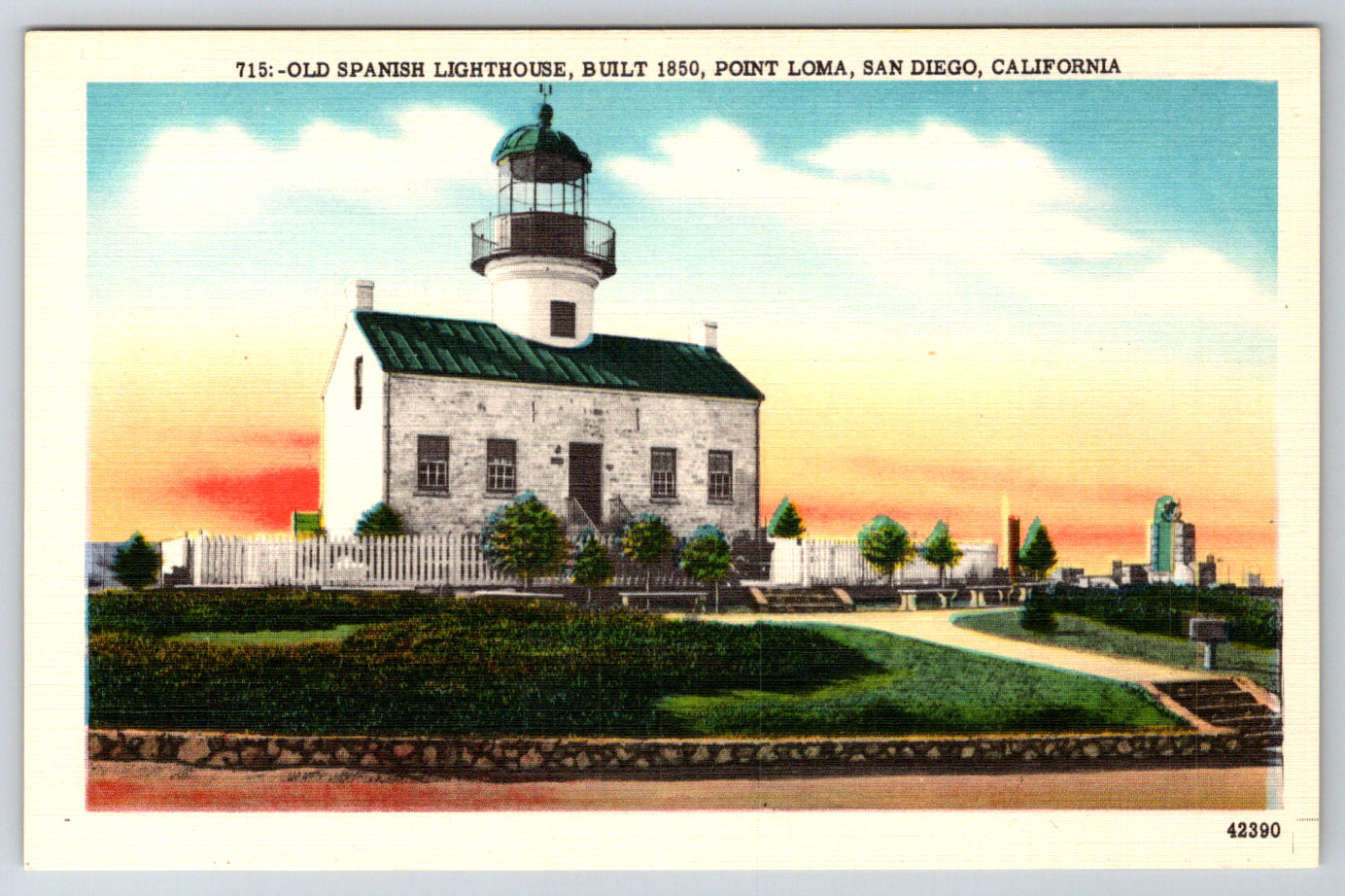 c1940s Old Spanish Lighthouse Point Loma San Diego California Linen Postcard