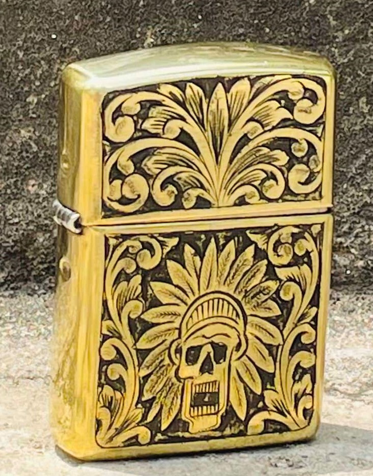 New Custom Hand Engraved Gothic Native American Skull Art Armor Zippo Lighter