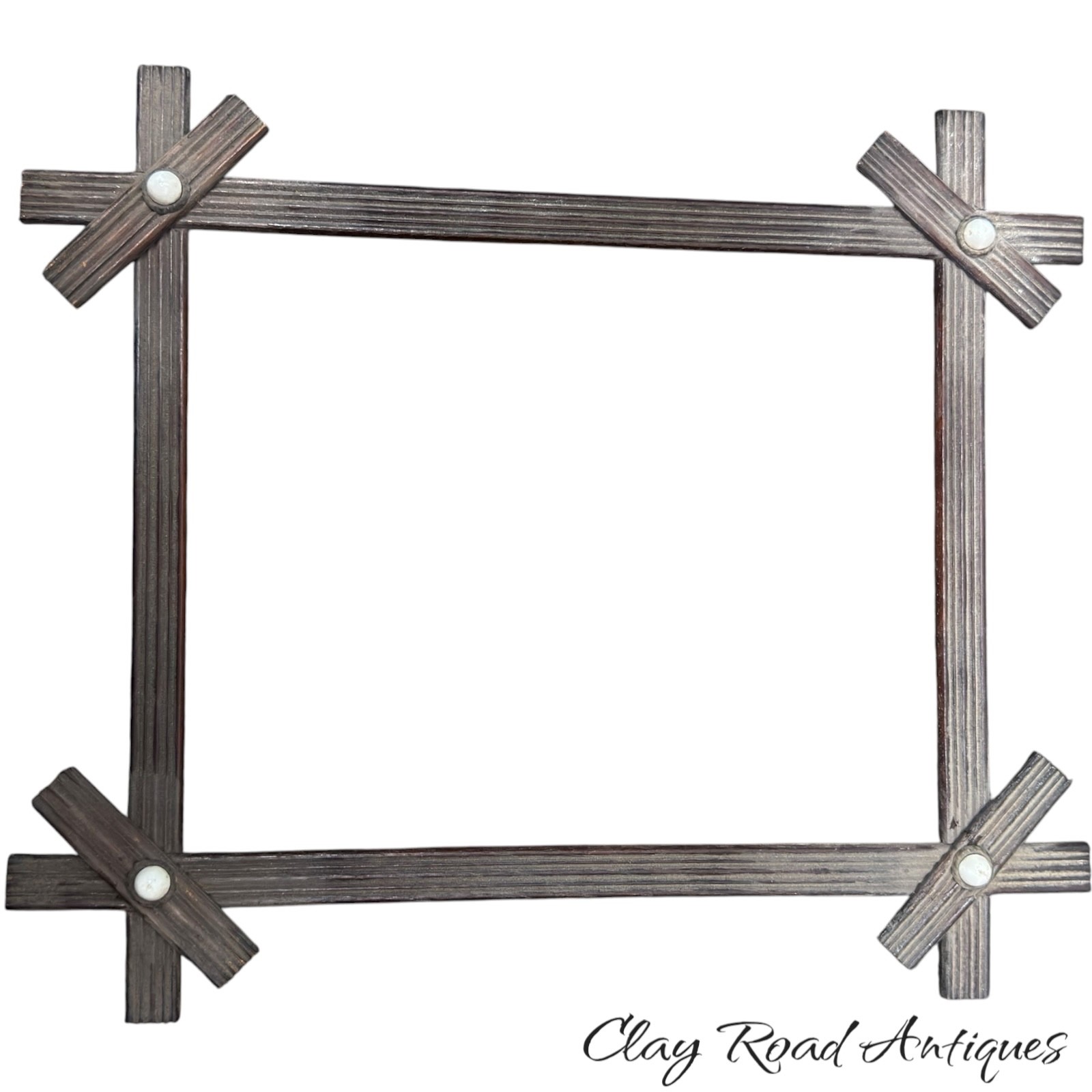 Antique folk art  Wood Picture Frame Geometric Cross Corner White Button Detail