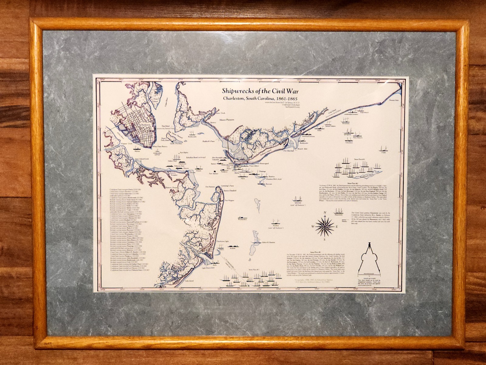 1984, 1987 Shipwrecks Of The Civil War Charleston SC Map E Lee Spence Framed