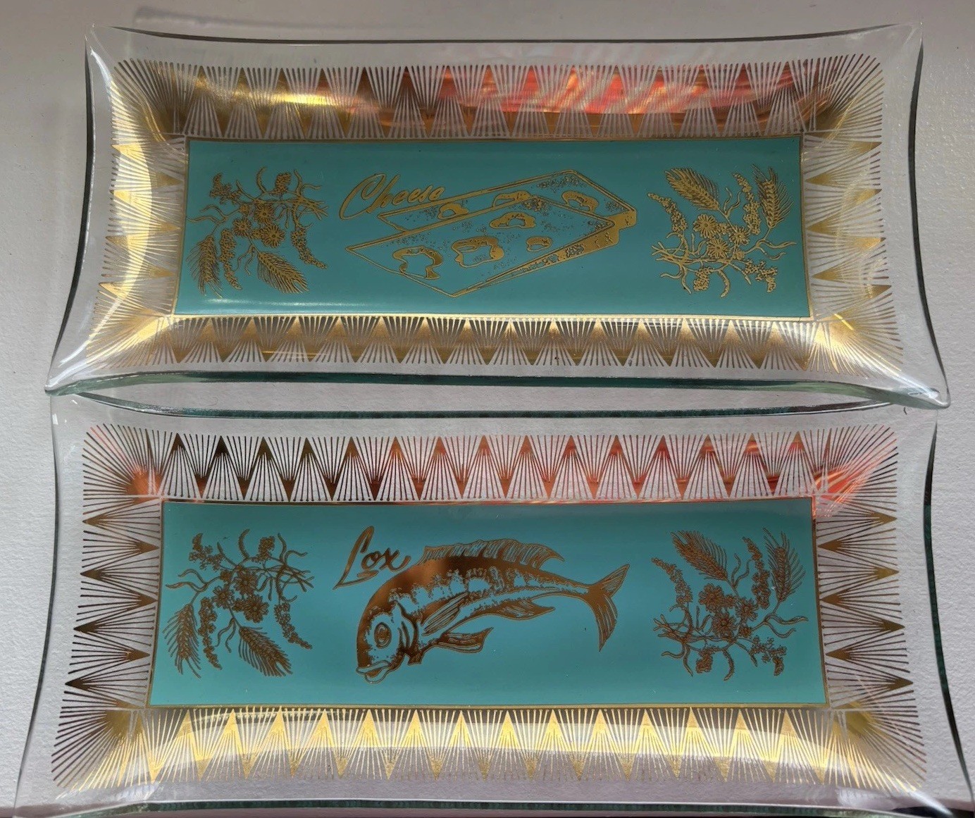 Vintage Mid-Century Modern Serving Plates Lox & Cheese Trays Gold Turquoise EUC Vintage Mid-Century Modern Serving Plates Lox & Cheese Trays Gold Turquoise EUC