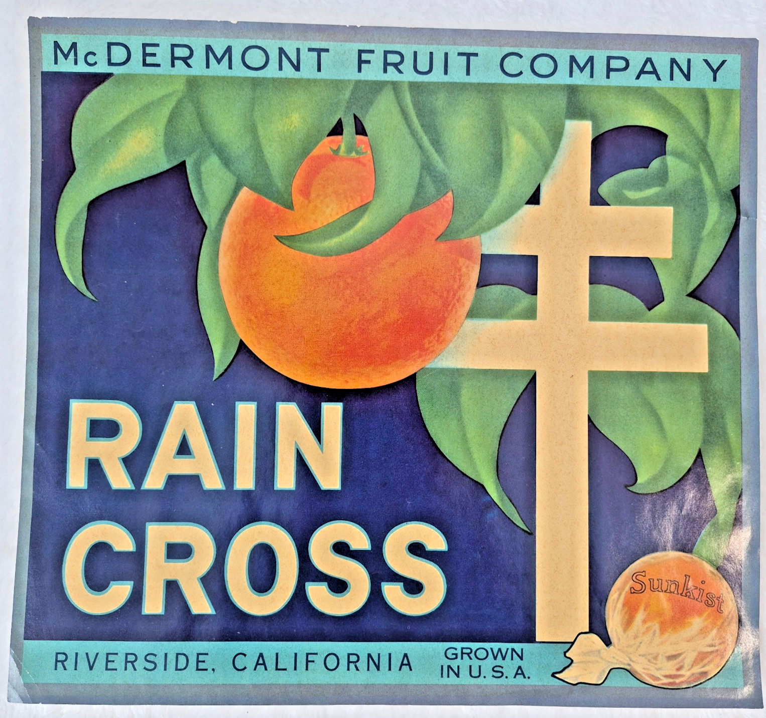 ORANGE CRATE LABEL RAIN CROSS MCDERMONT RIVERSIDE CA  sku A20