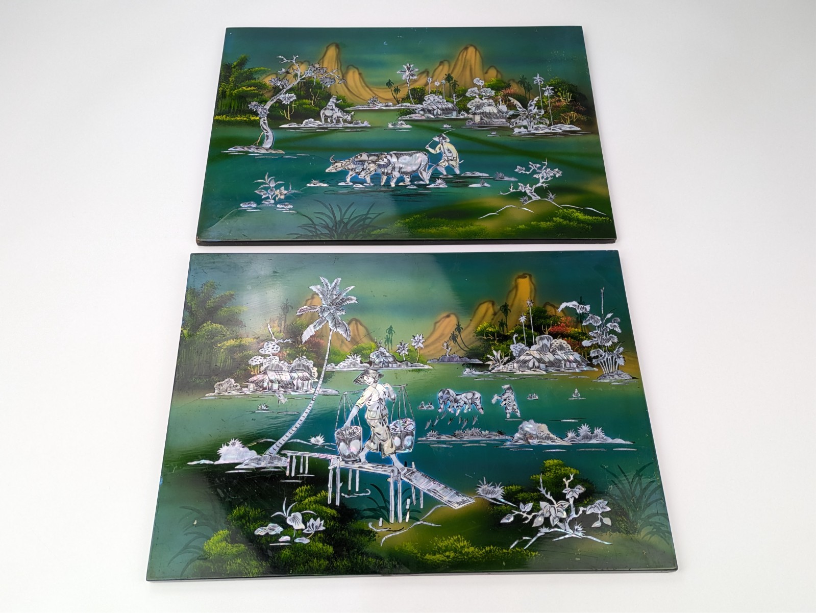 VTG Asian Mother of Pearl Inlay Lacquer Panel Wood Wall Art Set of 2 ~ 19x14\