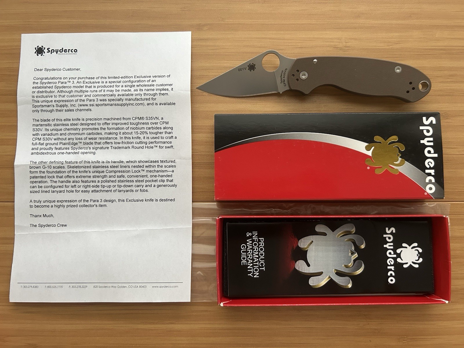 Spyderco #001V Sportsman’s Supply Exclusive Para 3 C223GPBN - Brown G10 - S35VN