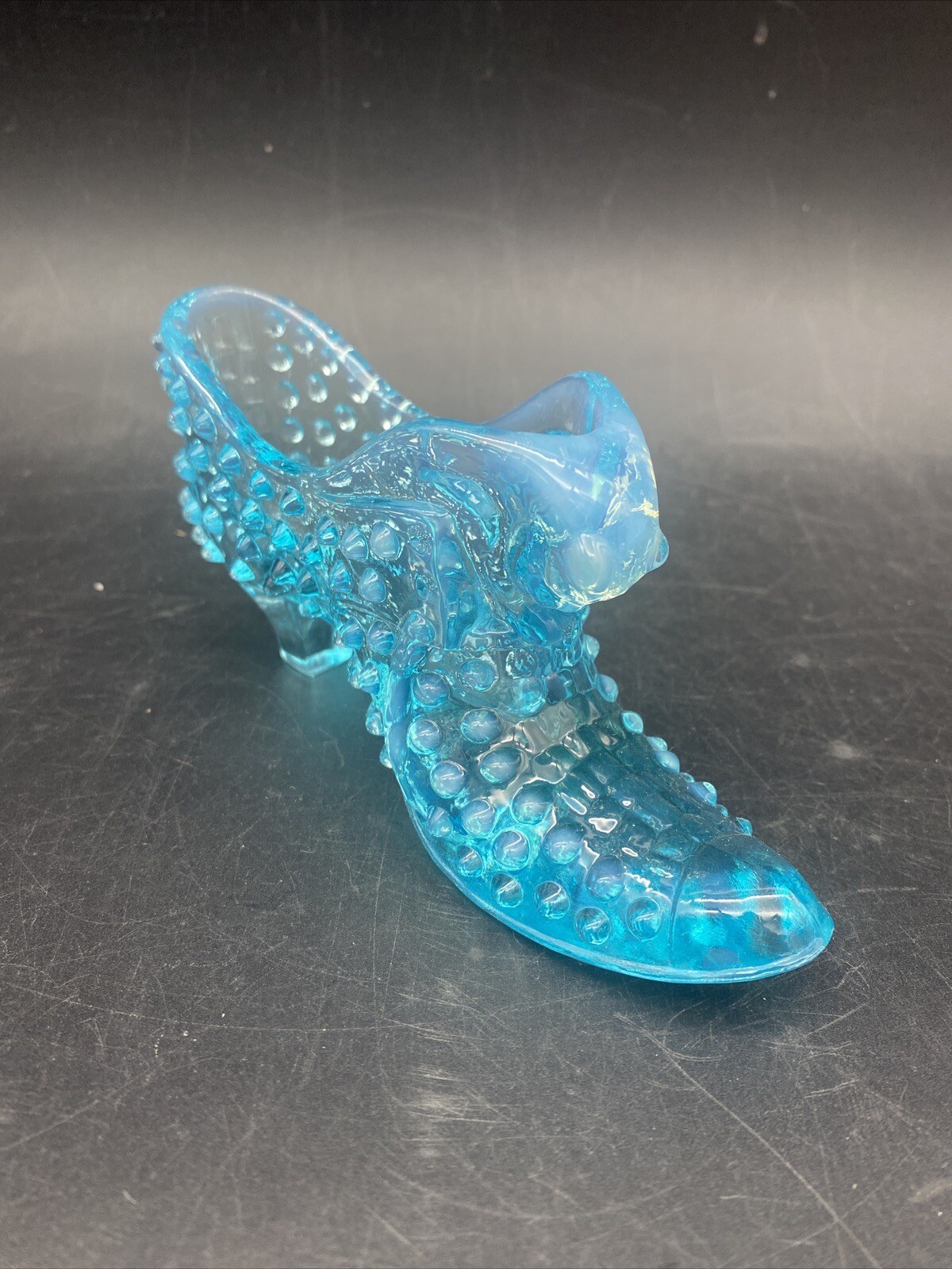 Vintage Hobnail Glass Slipper Opalescent Light Blue Shoe Cat Kitten Head Shoe