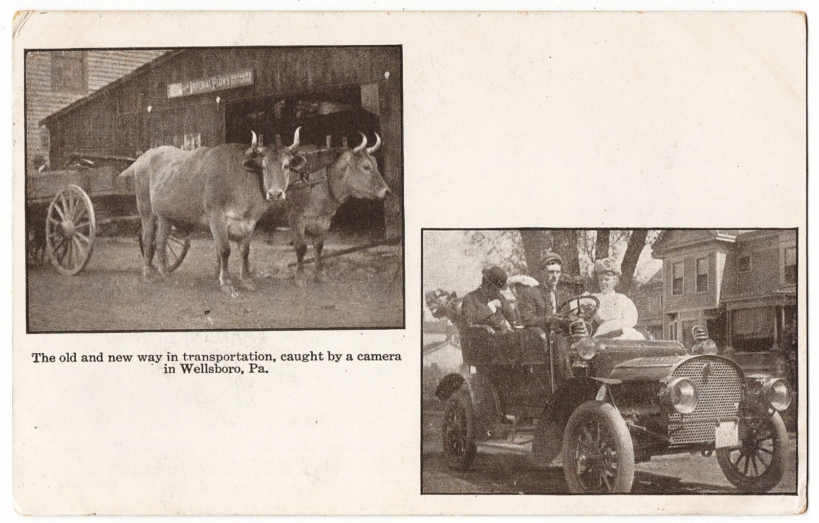 Wellsboro PA - Old And New Way In Transportation Oxen Cart Automobile antique pc Wellsboro PA - Old And New Way In Transportation Oxen Cart Automobile antique pc