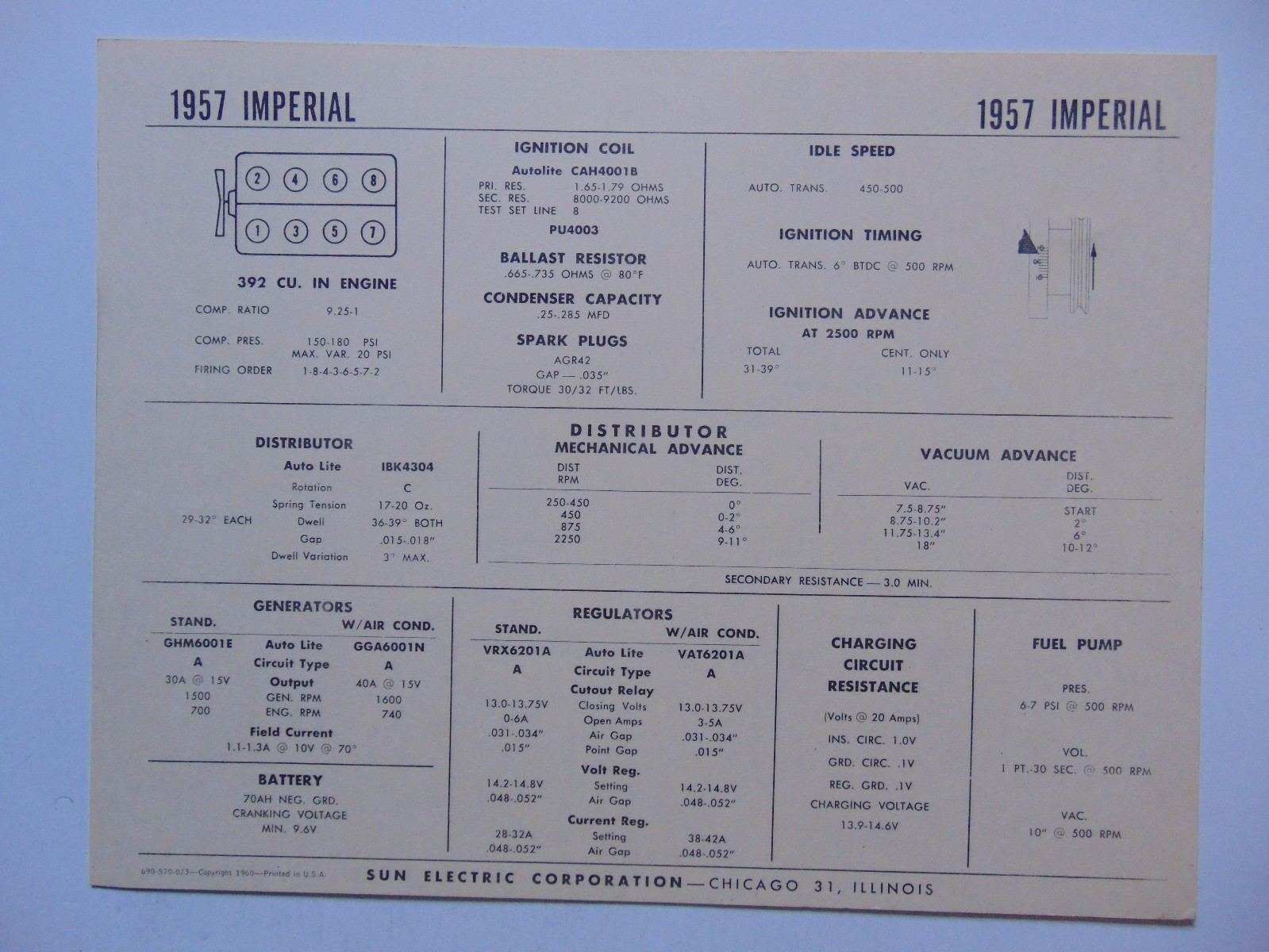 Sun Electric Corp 1957 Imperial Tune-Up Card
