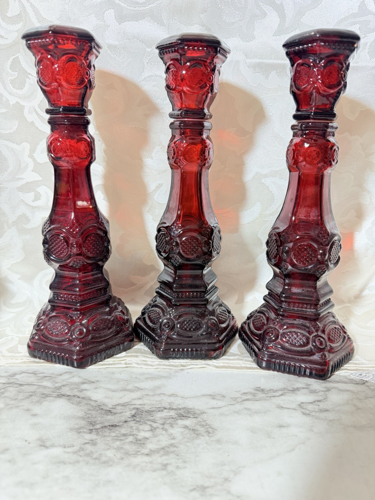 3-Candlestick Holder Avon Ruby Red Cape Cod 1876 Empty Perfume Bottle (3387)