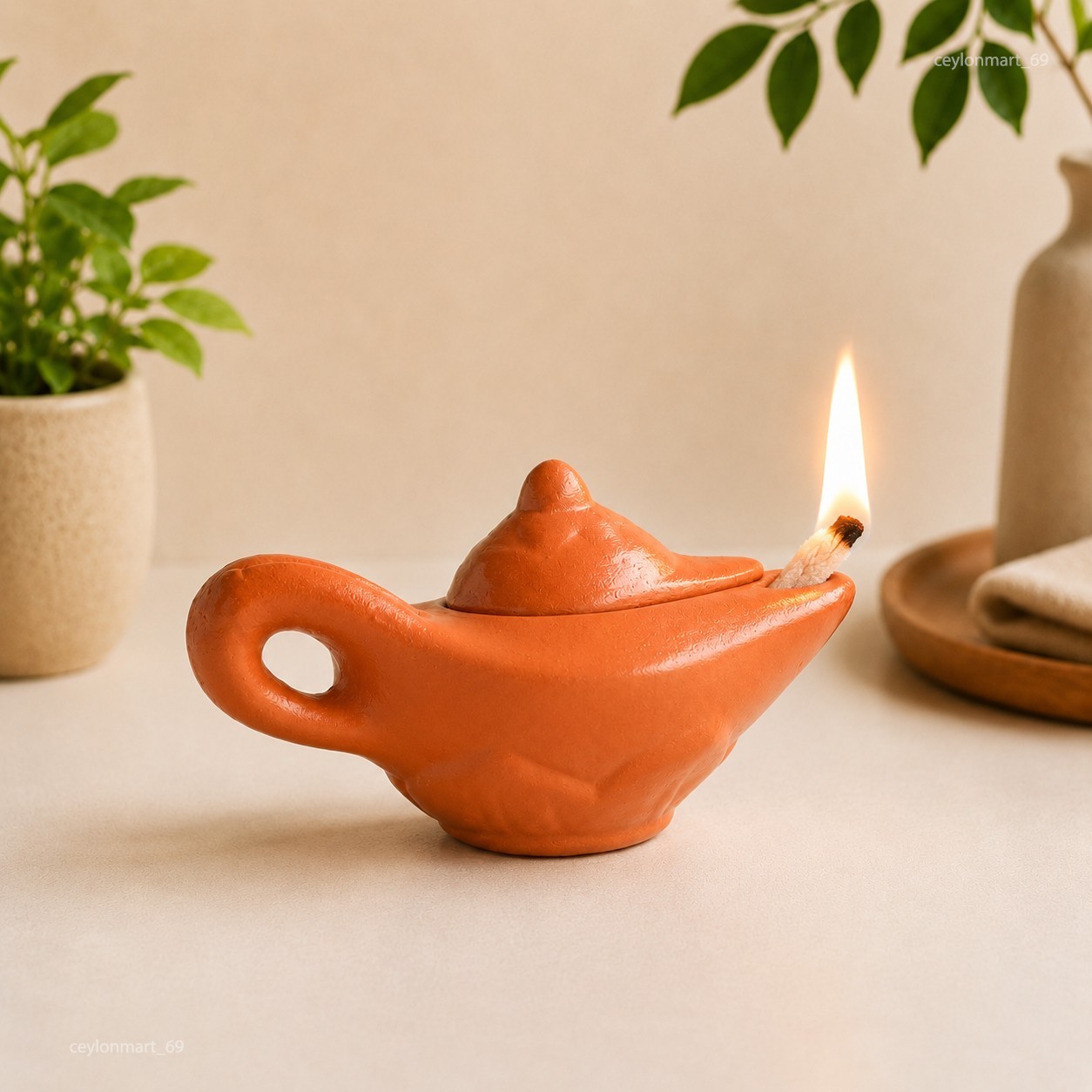 Handmade Clay Oil Lamp with Lid Aladdin Traditional Diya Meditation Room Decor