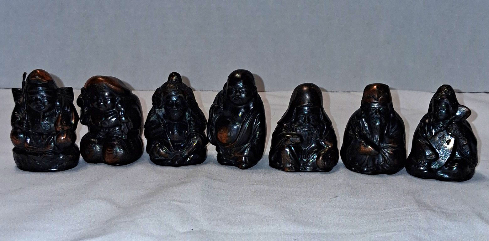 Japanese Seven Lucky Gods Bronze Metal Figurine Set . Made in Occupied Japan 
