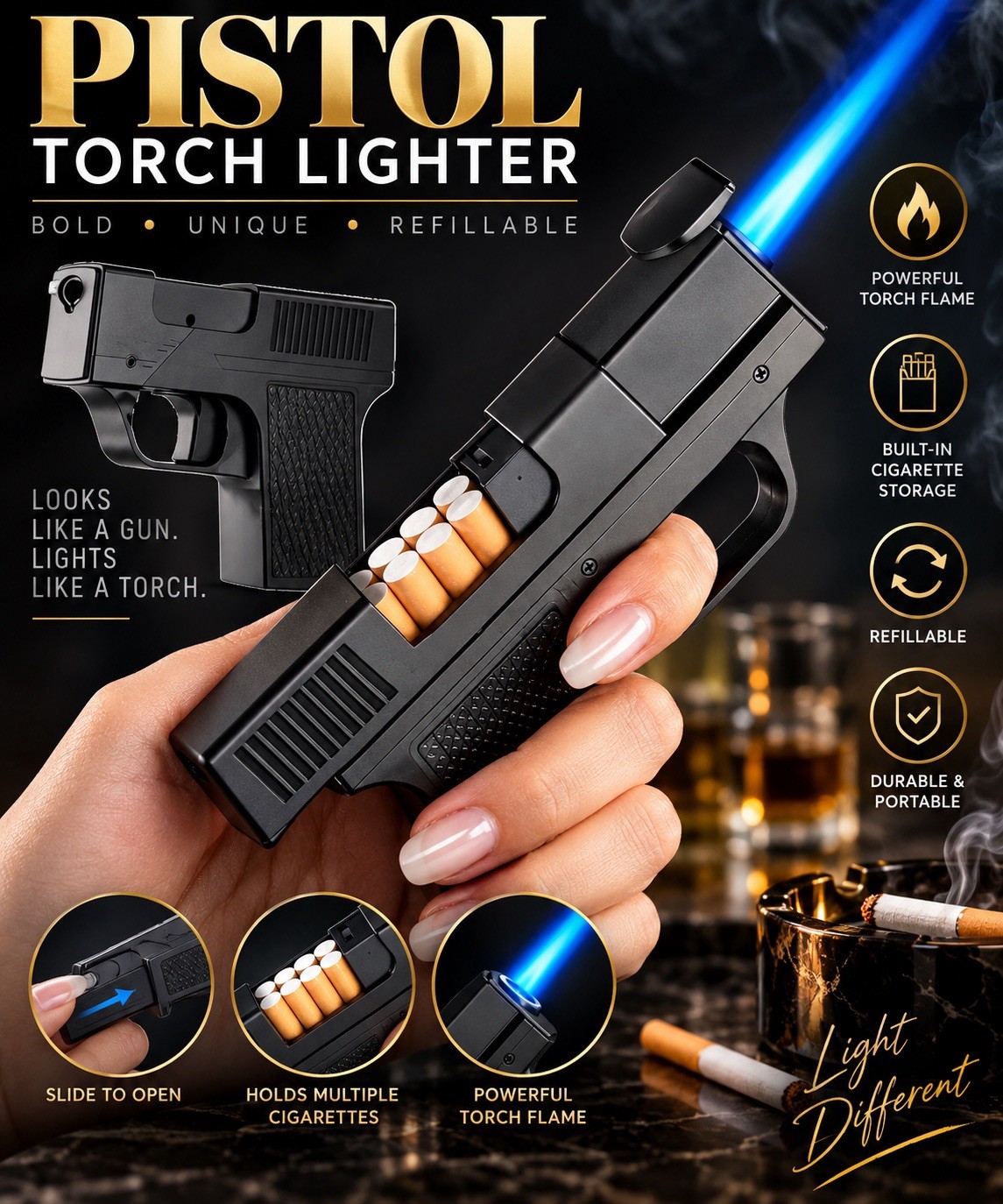 FOCUS Gun-Shaped Torch Lighter Set w/ Cigarette Case 10 Pack JD-YH098 FOCUS Gun-Shaped Torch Lighter Set w/ Cigarette Case 10 Pack JD-YH098