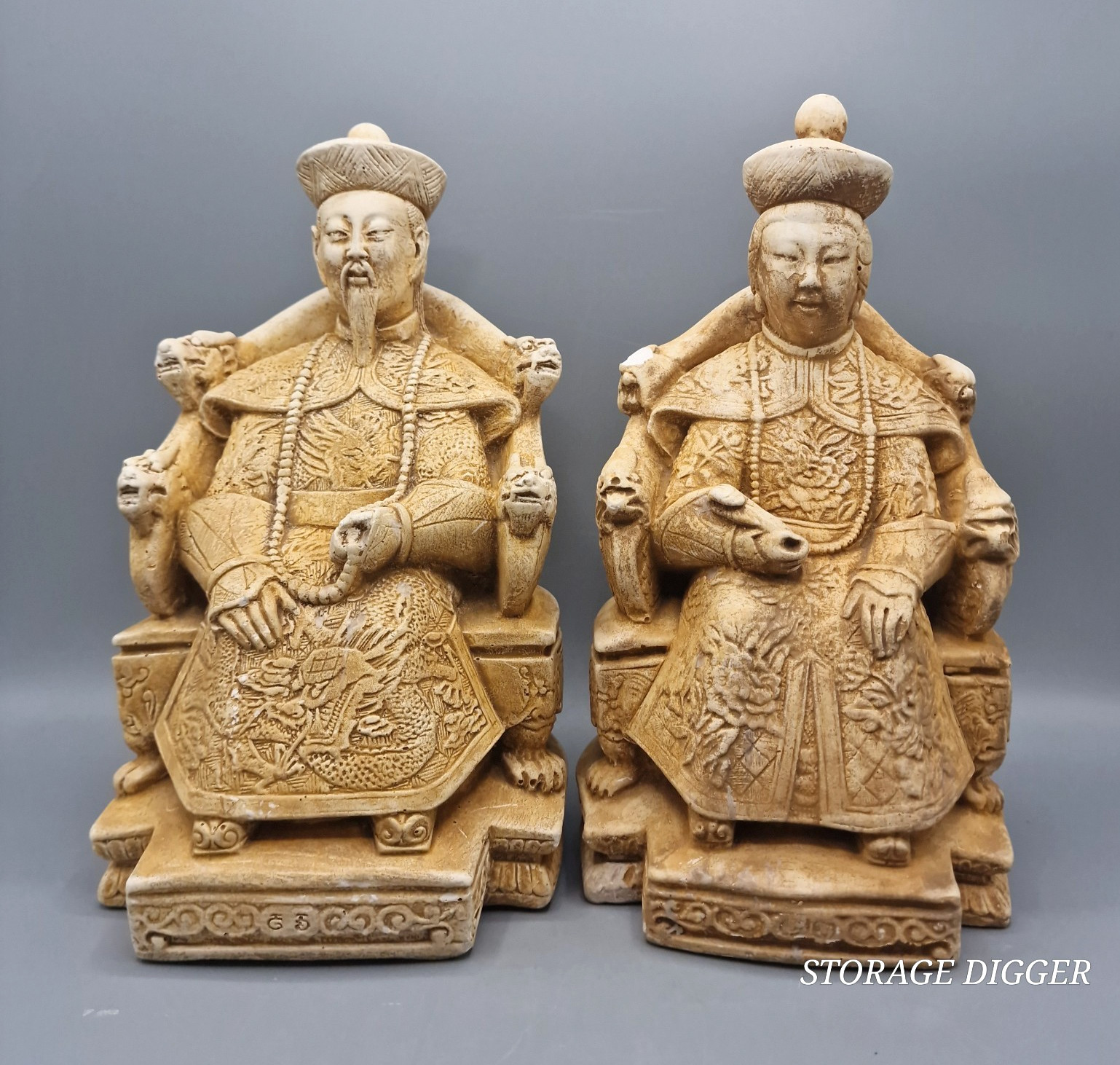 VTG Pair of Chinese Emperor & Empress Sculptures Fiberstone Statues 10.5\