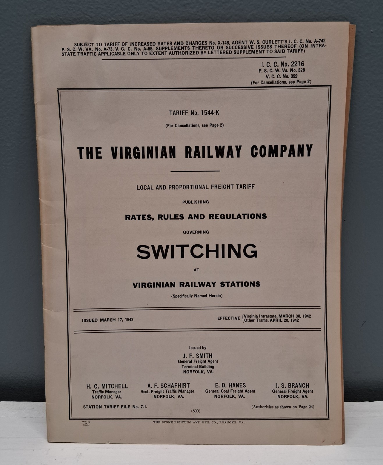 Vintage 1942 Virginian Railway Company Switching Rates/Rules/Regulations Booklet