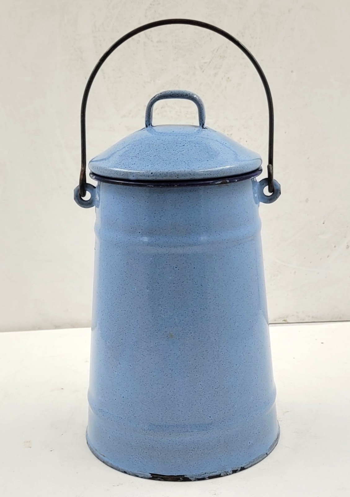 EXCELLENT Vintage French BLUE ENAMEL MILK PAIL Lid and Handle Kitchen Enamelware