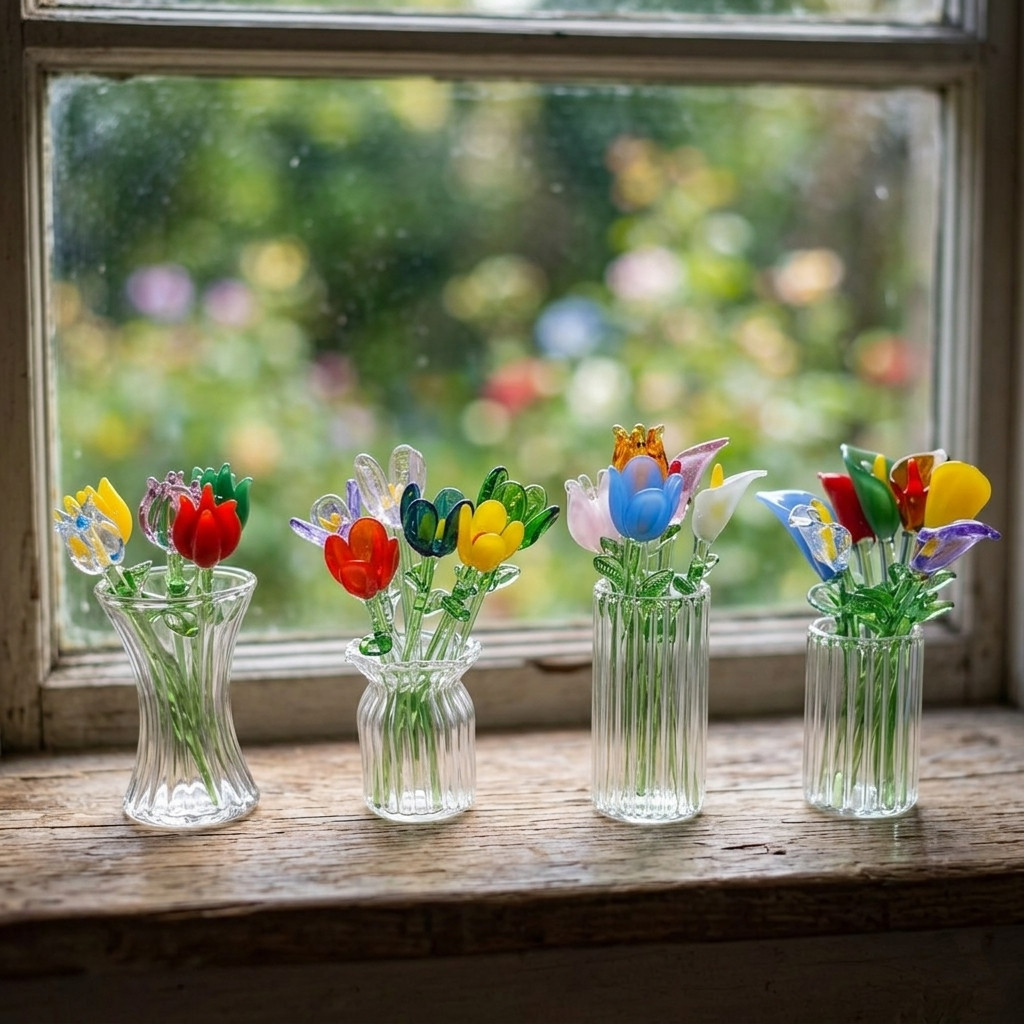 Mini Glass Flower Bouquet – Handmade Figurine Sculpture, Home Decor
