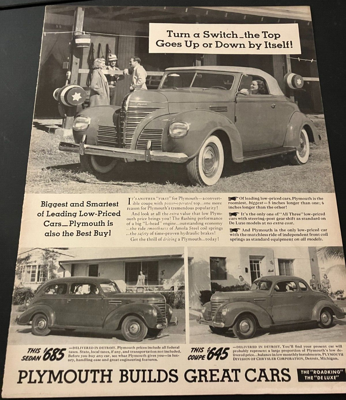 1939 Plymouth Model Range - Vintage Original Print Ad / Wall Art - VERY NICE