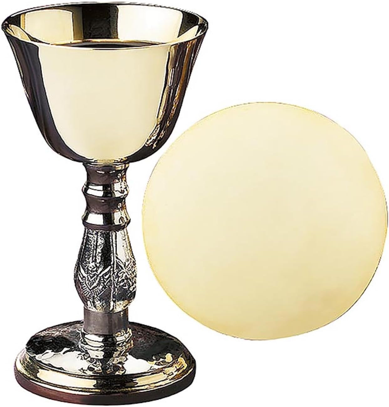 Church Gold Plated Brass Chalice & Paten, 5 Ounce, 2 Tone Antique Silver