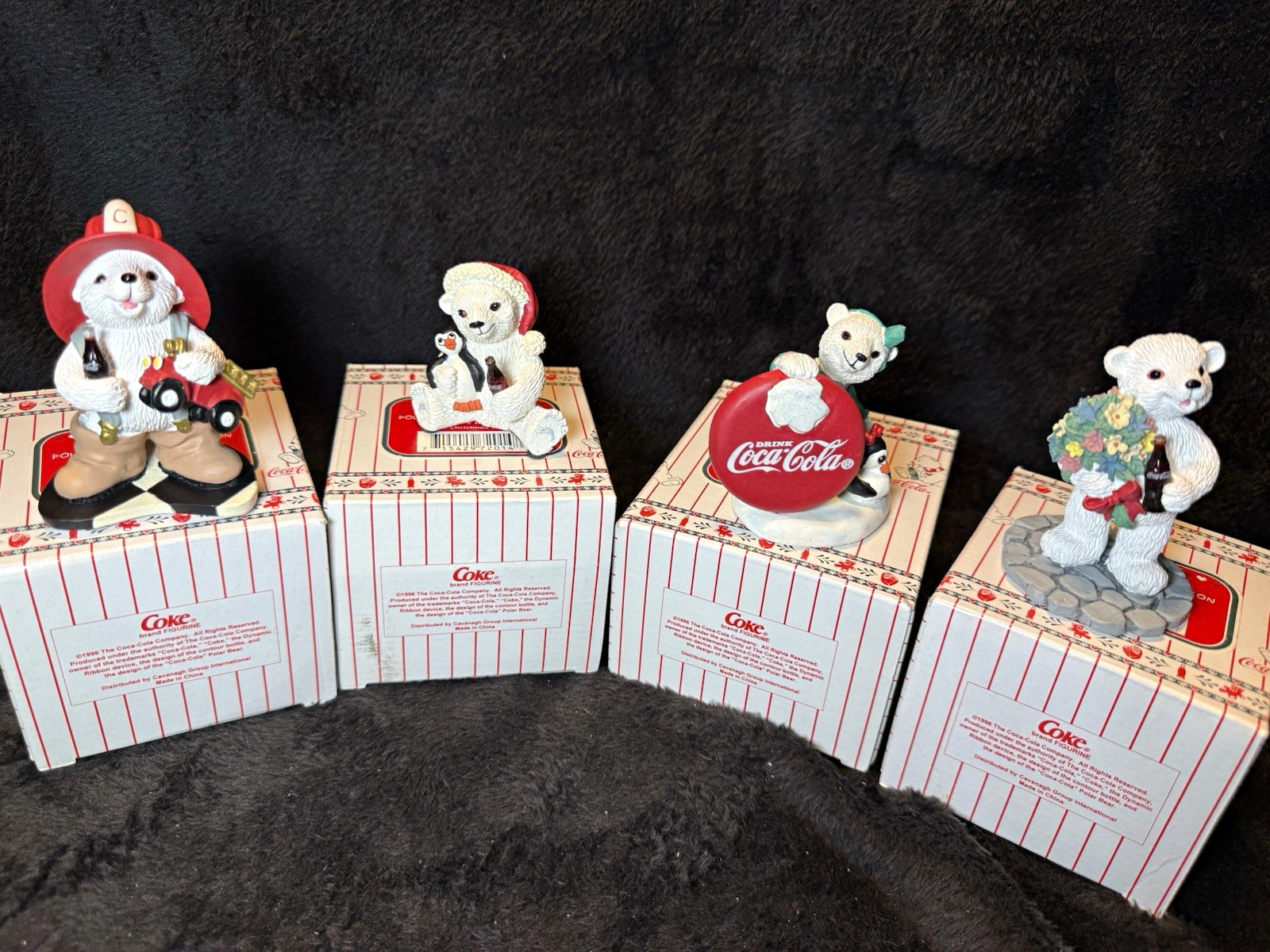 Vintage Coca-Cola Polar Bear Cubs Figurines Set of 4 w/ Boxes, 1996 Soda Theme