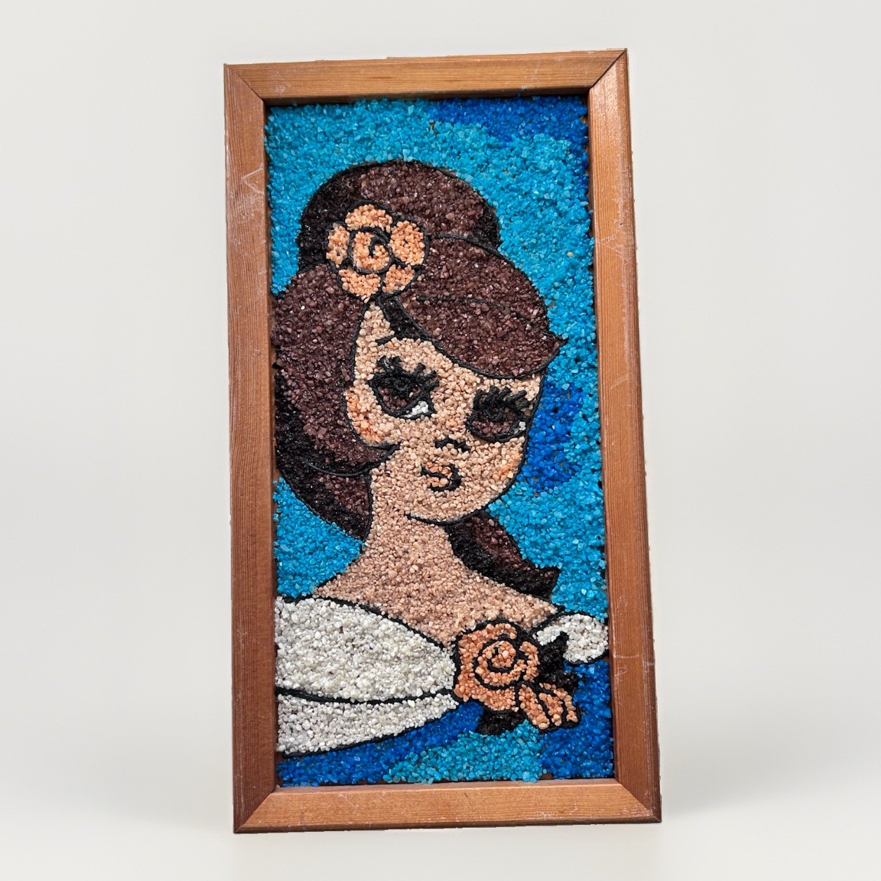 Vintage 60s MCM Mosaic Pebble Rock Gravel Wall Hanging Art Cute Girl 13x7 Framed