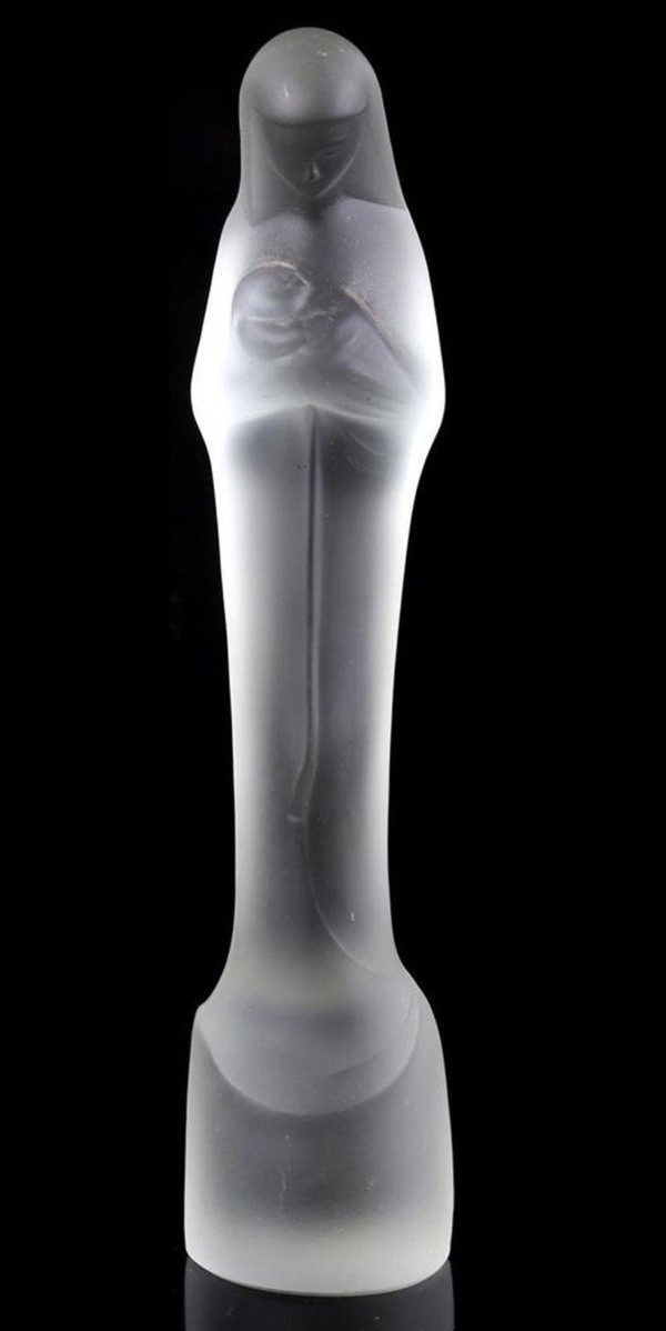 Vintage Stef Uiterwaal Satin Frosted Glass Statue Of Madonna and Child- Marked