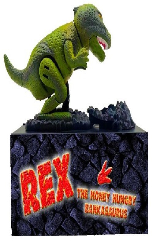 Rex the money hungry bankasaurus Bank  Rex moves and bends downs and makes sound