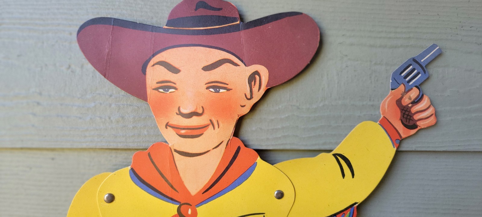 Vtg Antique 30s 40s 2 gun COWBOY Die Cut Cardboard Adv toy Sign 20