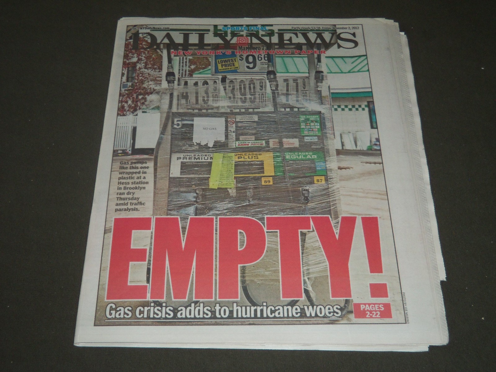 2012 NOVEMBER 2 NY DAILY NEWS NEWSPAPER - EMPTY - HURRICANE SANDY - NP 2546