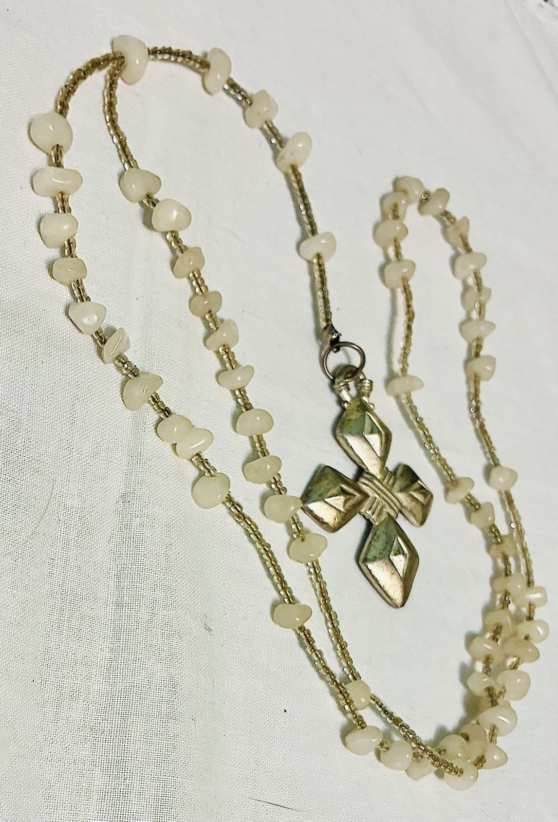 Restored Vintage Catholic Cord Rosary Tumbled Quartz Beads Silver Cross