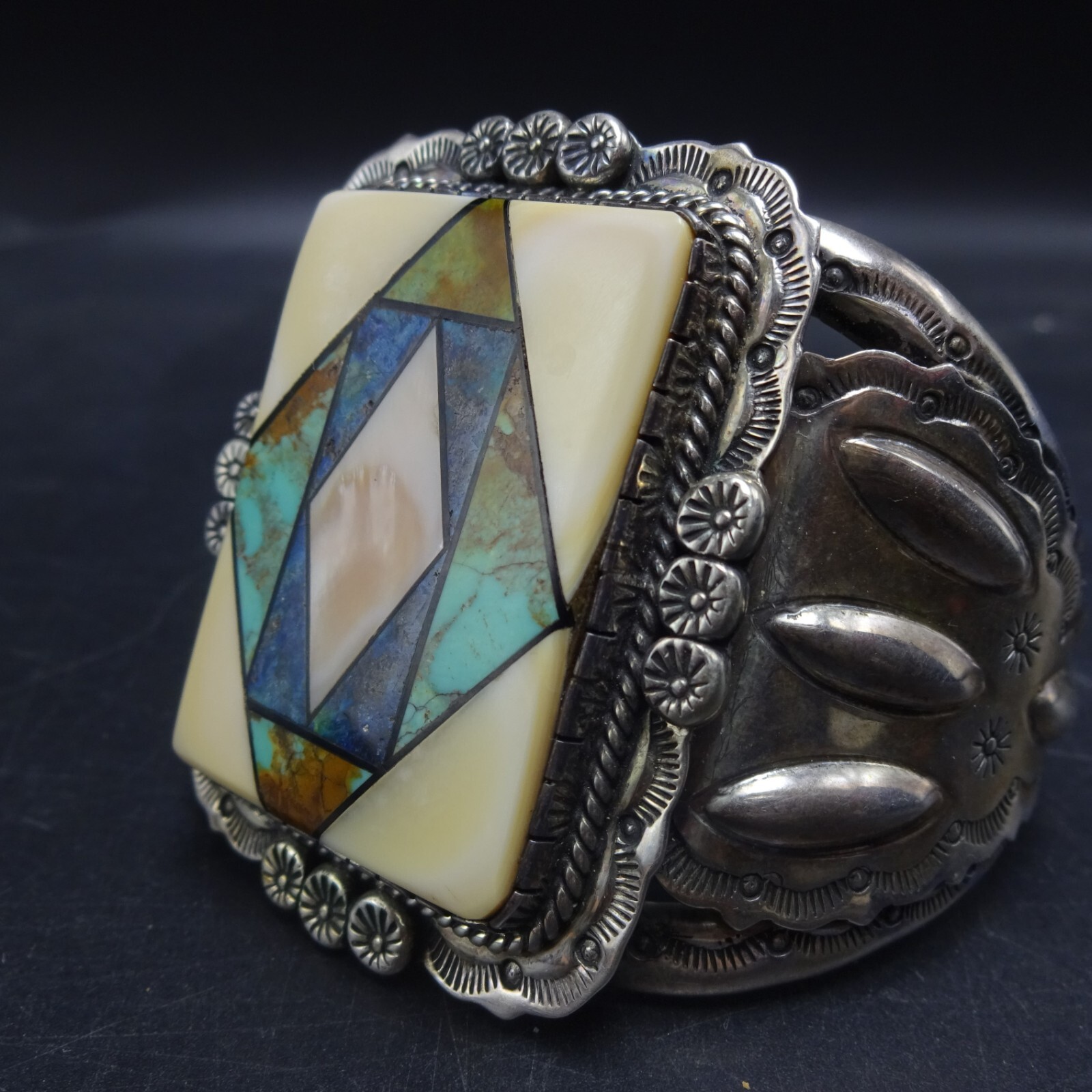 Vintage RAY DELGARITO Navajo TURQUOISE LAPIS MOP Channel Inlay CUFF BRACELET