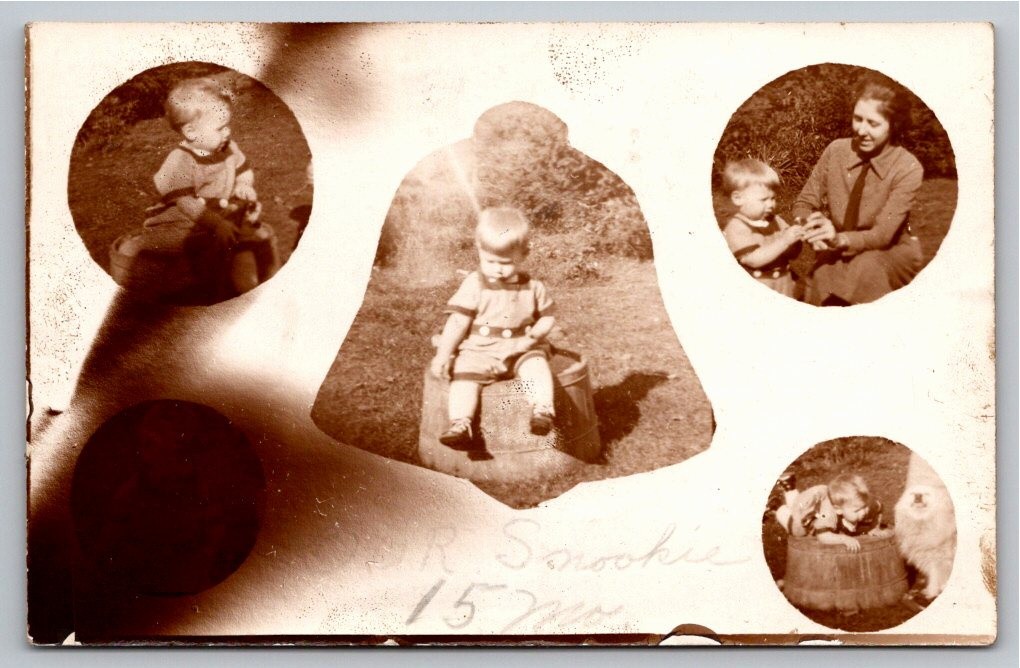 1930s Toddler Snookie Fluffy White Dog Outdoor Vintage Sepia Photo Snapshot