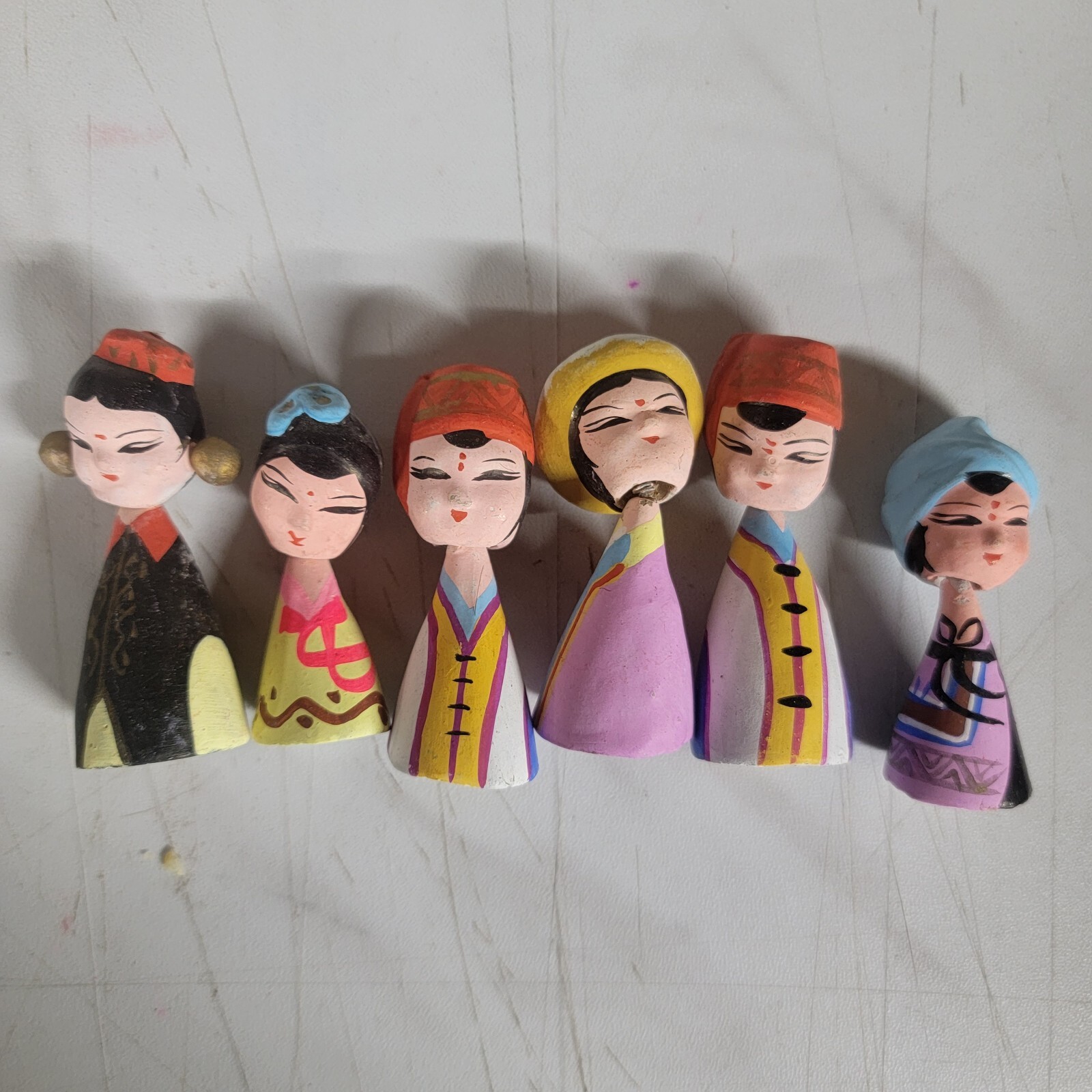 Set of 6 Asian Oriental Mini Nodder Bobblehead Ceramic Figurines