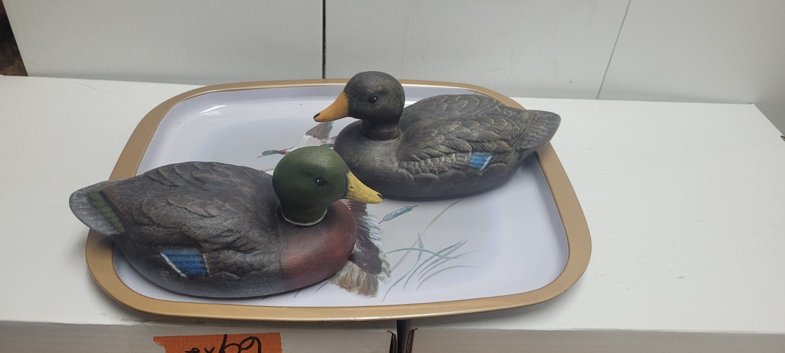 (Set Of 2) Ceramic  Vintage Handpainted Mallard Duck Statues Plus Mallard Tray