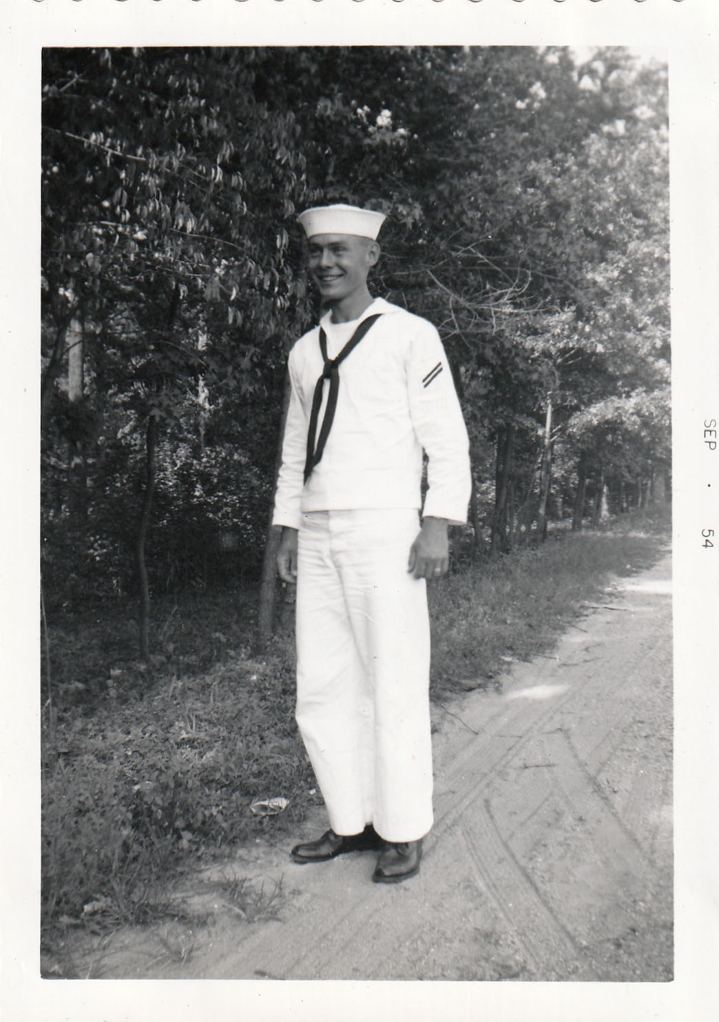 Vintage Photo 1954 Happy US Navy Sailor Uniform Dirt Roadside Rural Trees USA